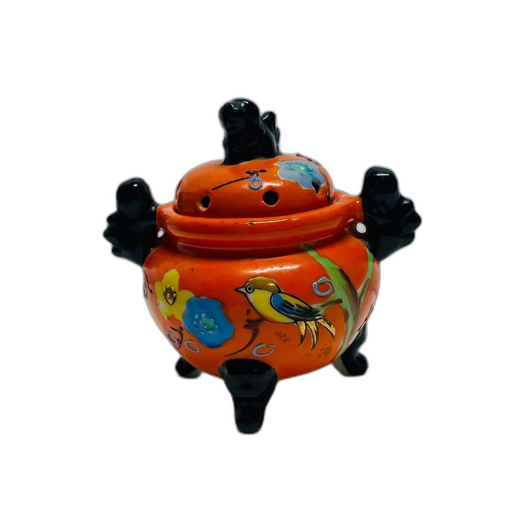 VTG Japanese Satsuma Morage Incense Pot Orange Bird Hand Painted Oriental Decor